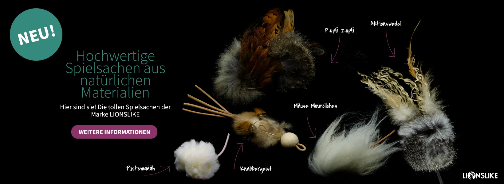 Jouets pour chats LionsLike en matériaux naturels avec plumes, fourrure et plumeaux de jeu